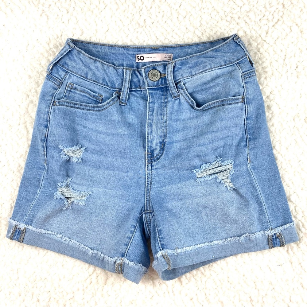 SO Ripped High Rise Midi Jean Shorts Distressed Light Wash Stretch Cuffed Denim